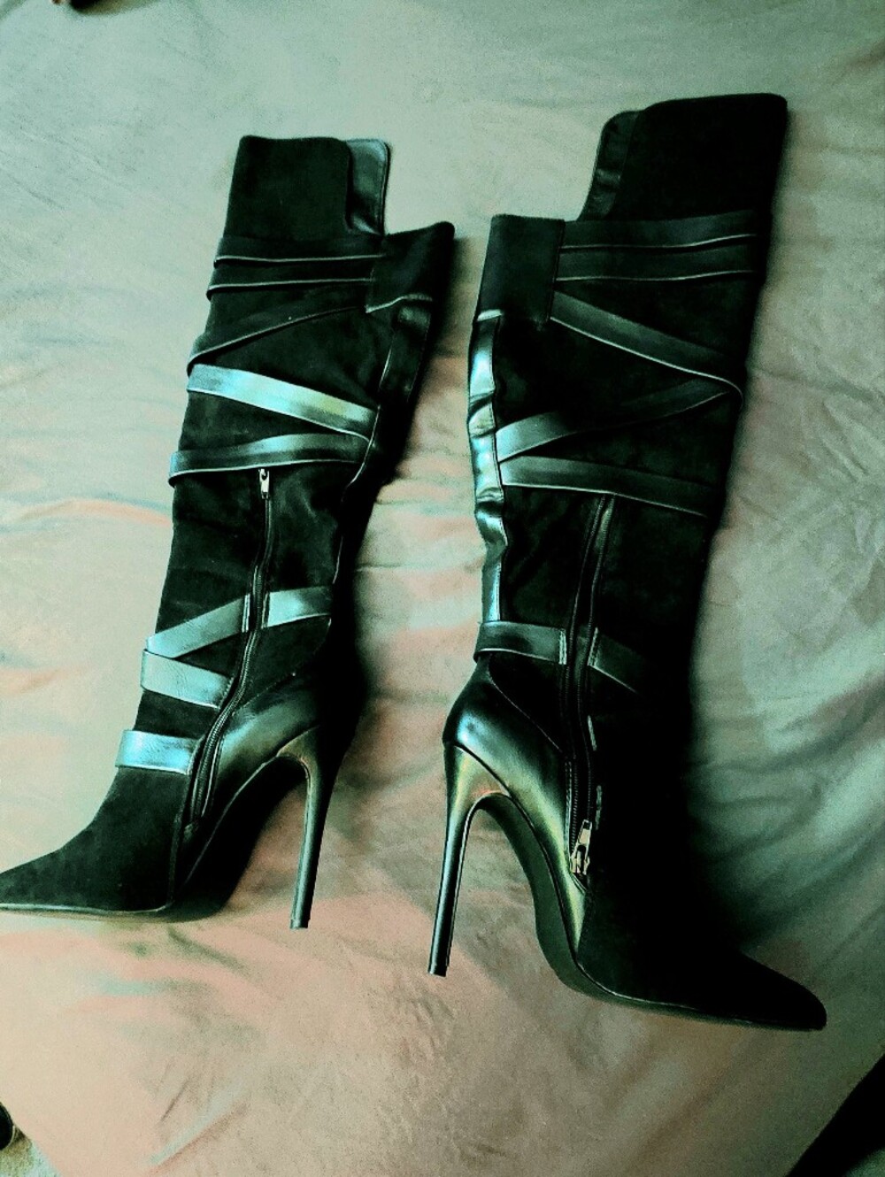 Shoe Dazzle Black Geraldines  Over-the-Knee Stiletto Boots with Strap Detail